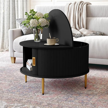ARTPOWER 31.7" Round Coffee Table with Tambour Door, Mid Century Center Table for Living Room, Small Wood Fluted Circle Coffee Table with Storage, Black