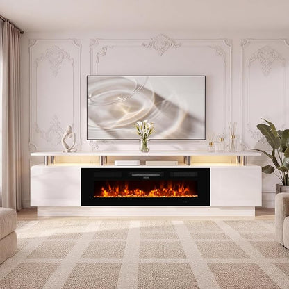 90" TV Stand for Living Room, Large Entertainment Center & Media Console, Fits TVs up to 100", Storage Cabinet with Shelves, 50" Electric Fireplace, White & Black