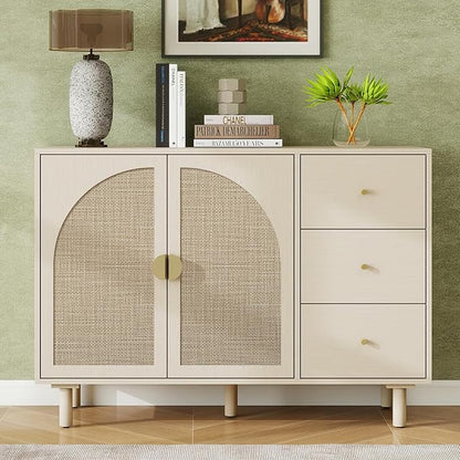 Beige 2 Door 3 Drawer Rattan Cabinet, Accent Storage Cabinets with Cane Door, Stylish Boho Buffet Table with Storage,Black Rattan Cabinet Wood Credenza for Dining Room,Bathroom,Study,Kitchen
