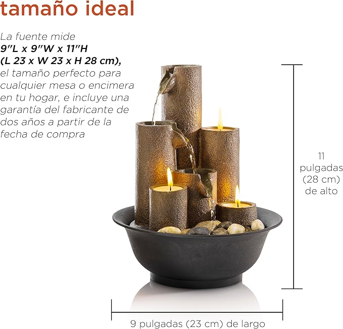 Alpine Corporation WCT202 Indoor Tabletop Tiered Water Fountain Featuring 3 Candles for Desktop and Table, 11", Brown