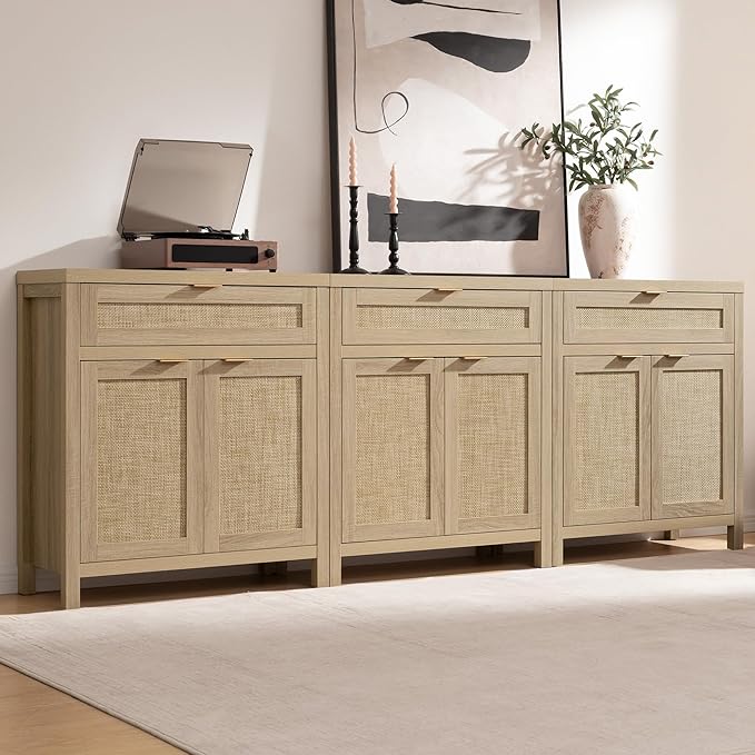 SICOTAS Sideboard Buffet Storage Cabinet Set of 2, Rattan Credenza Buffet Table, Boho Console Accent Cabinet with Doors and Drawer, Coffee Bar Cabinets for Kitchen Entryway Living Room, Natural