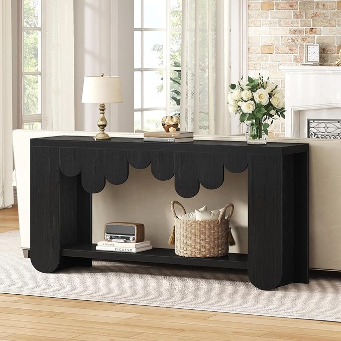 IBF Black Console Table, 63” Long Wood Entryway Table with Storage, 2-Tier Modern Sofa Table Behind Couch for Home Living Room, Rectangular Entry Table for Hallway Entrance Foyer Front Door, Black Oak