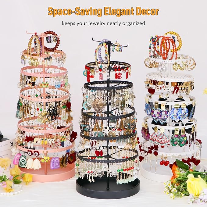 17Dec 6 Tier Rotating Jewelry Organizer Stand, 230 Holes Earring Holder Organizer for Women Girls, Spinning Earring Tree with Ring Holder, Wide Base for Bracelets Watches Lipstick