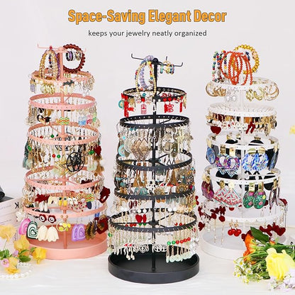17Dec 6 Tier Rotating Jewelry Organizer Stand, 230 Holes Earring Holder Organizer for Women Girls, Spinning Earring Tree with Ring Holder, Wide Base for Bracelets Watches Lipstick