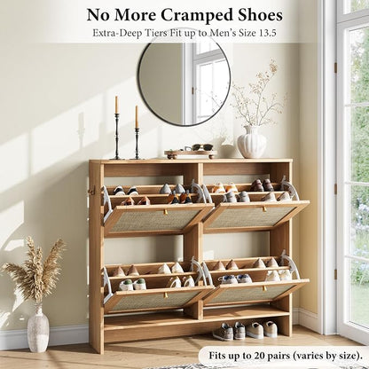 Nicetree Shoe Cabinet Storage for Entryway, 4-Flip Drawer Narrow Shoe Rack, Organic Modern Rattan Shoe Organizer with Gold Legs, Shoe Organizer Fits Men's Size 13.5, Sun-Drenched Amber Oak