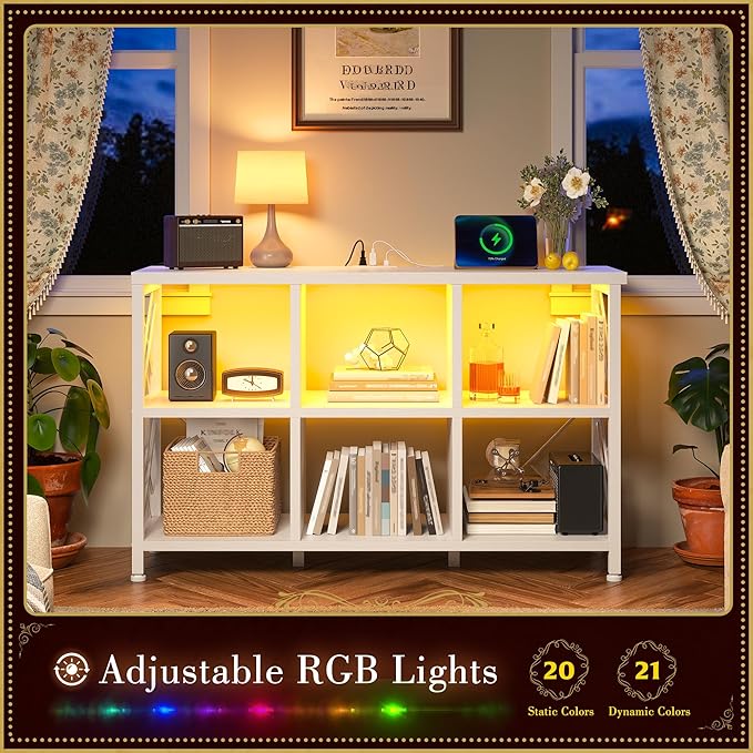 6 Cube Storage Organizer with LED Light and Charging Station, Wood and Metal Cube Shelf, White Horizontal Book Shelf for Bedroom, Home Office