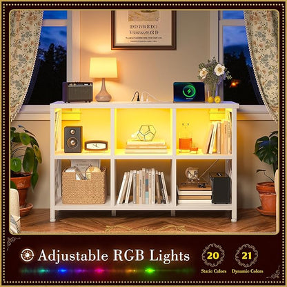 6 Cube Storage Organizer with LED Light and Charging Station, Wood and Metal Cube Shelf, White Horizontal Book Shelf for Bedroom, Home Office