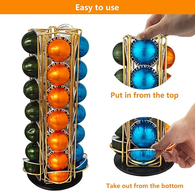 Vertuo Pod Holder Carousel Stand for 35 Nespresso Vertuo Capsule Storage Organizer with Extra Space for Coffee Mate Silent Rolling，Gold