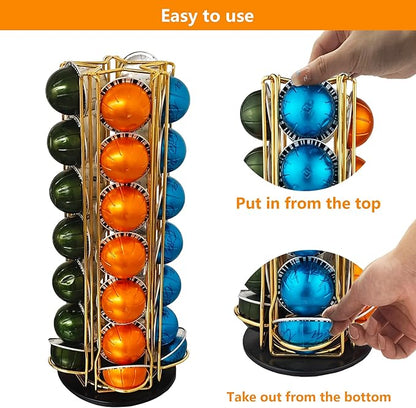 Vertuo Pod Holder Carousel Stand for 35 Nespresso Vertuo Capsule Storage Organizer with Extra Space for Coffee Mate Silent Rolling，Gold