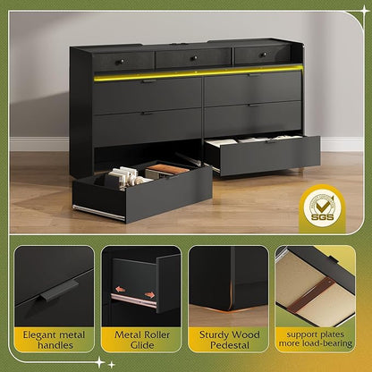 WLIVE 9 Drawer Led Dresser for Bedroom, 58" Black Wood Dresser Storage Organizer with Charging Station for 65" TV, Dressers with Open Shelves, Chest of Drawers for Closet, Living Room
