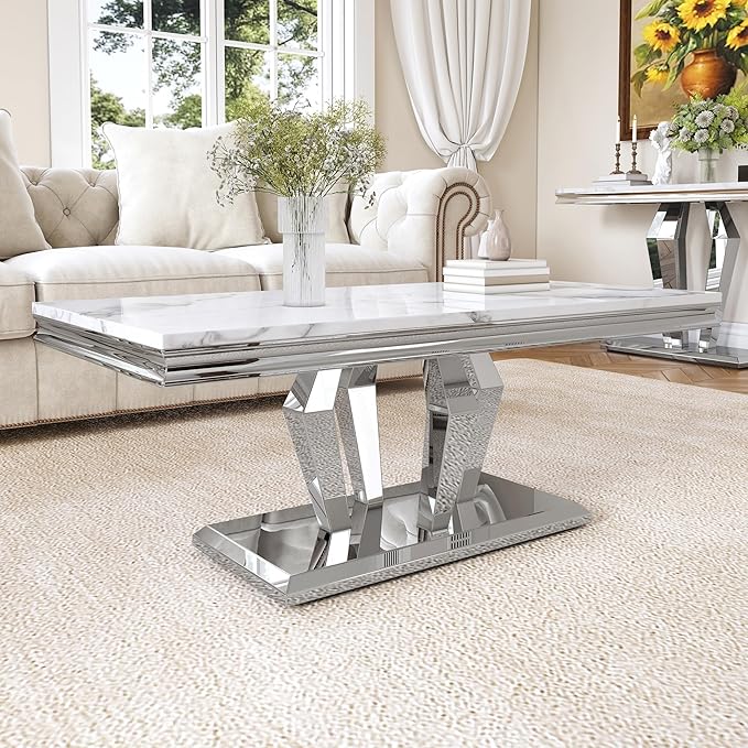 Modern Marble Coffee Table, 47" Living Room Table with Diamond-Shape Stainless Steel Base and Thickened Faux Marble Top for Living Room, Bedroom, Lounge (Silver,White)