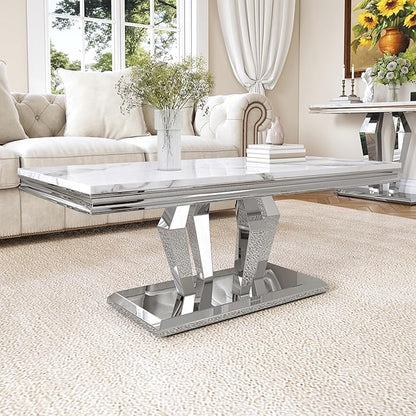 Modern Marble Coffee Table, 47" Living Room Table with Diamond-Shape Stainless Steel Base and Thickened Faux Marble Top for Living Room, Bedroom, Lounge (Silver,White)