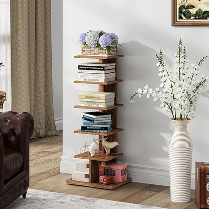 TUTOTAK Narrow Bookshelf, 6-Tier Bookcase, Spine Book Shelf for Small Space, Corner Standing Shelf for Living Room, Office, Study, Entryway, Rustic Brown BS06BB016