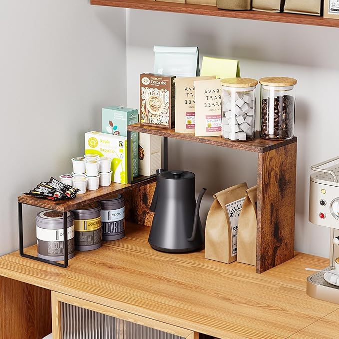 Kitchen Countertop Organizer, Spice Rack Cabinet Organizer Shelf Stackable Counter Corner Shelves Organization and Storage for Pantry, Counter top, Coffee Station Wood Rustic Brown