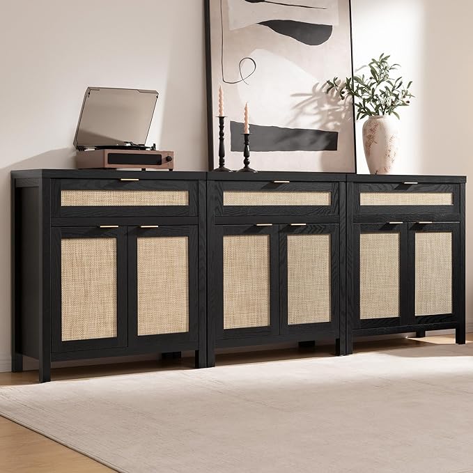 SICOTAS Sideboard Buffet Storage Cabinet, Rattan Accent Cabinet with Doors and Drawer, Modern Credenzas Buffet Table Console Coffee Bar Cabinets for Entryway Living Room, Black