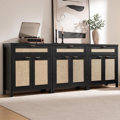 SICOTAS Sideboard Buffet Storage Cabinet, Rattan Accent Cabinet with Doors and Drawer, Modern Credenzas Buffet Table Console Coffee Bar Cabinets for Entryway Living Room, Black
