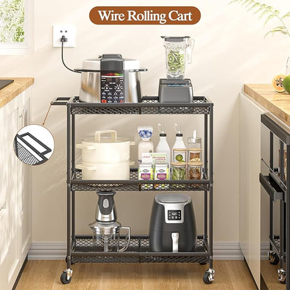 3 Tier Rolling Utility Kitchen Cart, Heavy Duty Wire Rolling Cart on Wheels, Commercial Metal Serving Carts with Handle, Kitchen Island Plant Shelf Food Storage Trolley for Laundry, Office, Garage