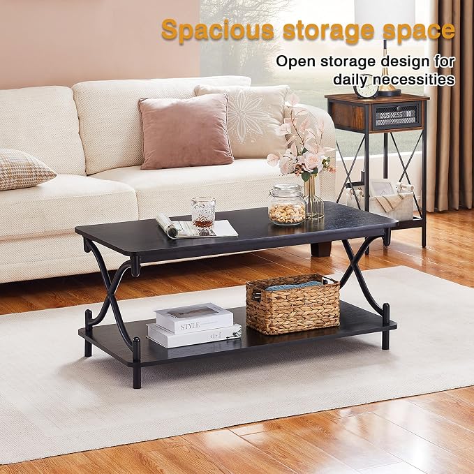 VECELO Coffee Table for Living Room with Round Corners Modern Farmhouse Center Table with Storage Shelf for Home Office 39 Inch, Easy Assembly, Glossy Black