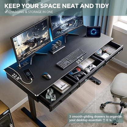 Electric Standing Desk with 3 Storage Drawers, 55x22 Inch Adjustable Height Office Computer Desk w/One-Piece Desktop & Power Outlets,Sit to Stand Up,Gaming Table for Home and Study, Black