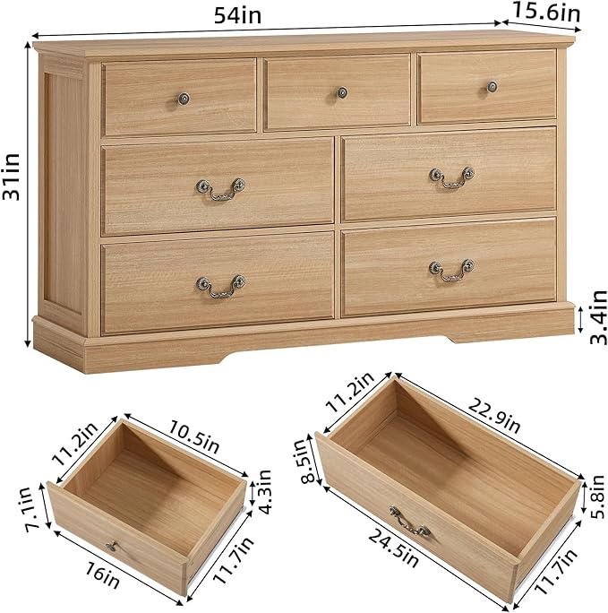 Farmhouse 7 Drawer Dresser for Bedroom, 57" Wide Wood Rustic Chest of Drawers, Farmhouse Chest of Drawers for Bedroom, Wood Drawer Organizer for Bedroom, Hallway, Natural