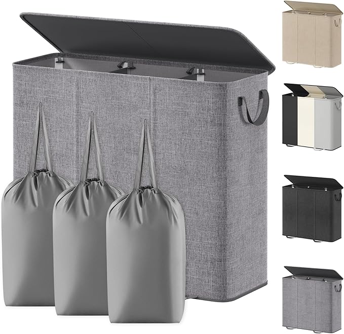 Lifewit Triple Laundry Hamper with Lid and Removable Laundry Bags, Large Collapsible 3 Dividers Dirty Clothes Basket with Handles for Bedroom, Laundry Room, Closet, Bathroom, College, 185L Gray