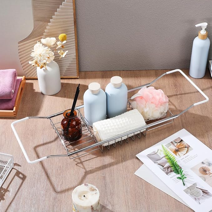 Cabilock Stainless Steel Expandable Bathtub Tray, Chrome Polished Telescopic Bath Tub Shelf, Bathroom Organizer for Soap, Shampoo, Phone and Sundries