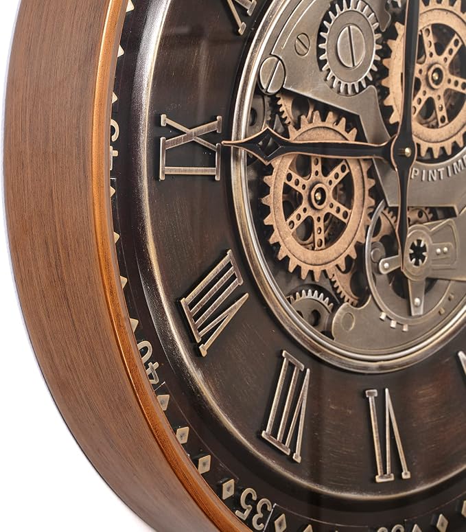 CLXEAST 24 Inch Wall Clock with Moving Gears,Oversized Large Industrial Steampunk Style, Antique Gold Metal Roman Numeral Wall Clocks for Farmhouse Living Room Decor