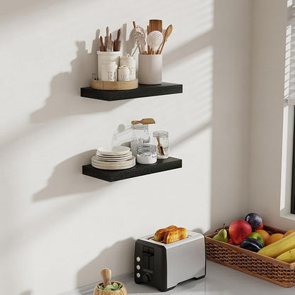 Acovy 16 Inch Floating Shelves, 8 Inch Deep Floating Shelves for Wall, Hanging Shelf with Invisible Brackets, Deep Shelves for Bathroom, Bedroom, Living Room, Black, Set of 2