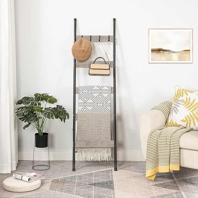 HOOBRO Blanket Ladder, 5-Tier Towel Rack with Hooks, Wall-Leaning Blanket Rack, Decorative Display Ladder Shelf, Scarves, Industrial, Living Room, Bedroom, Greige and Black BG52CJ01
