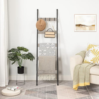 HOOBRO Blanket Ladder, 5-Tier Towel Rack with Hooks, Wall-Leaning Blanket Rack, Decorative Display Ladder Shelf, Scarves, Industrial, Living Room, Bedroom, Greige and Black BG52CJ01