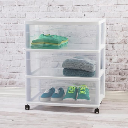 Sterilite 2-Pack Wide 3-Drawer Cart, Storage Closet Organizer with Wheels, White - Plastic Drawers and Containers for Bedroom, Cabinet, Clothes, Dresser, and Kitchen Pantry Organization
