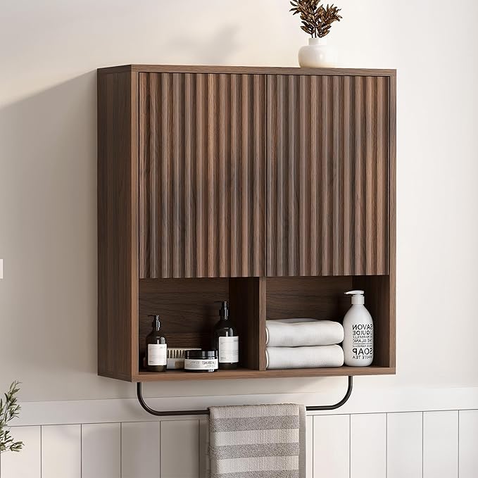 Fluted Wall Cabinets with Doors and Shelves Set of 2, Modern Medicine Cabinet Bathroom Adjustable Shelf Towel Rack Wood Storage Cabinet for Kitchen Dining Room Living Room, Brown