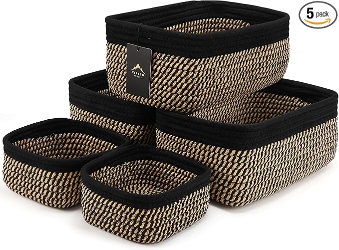 5-Pack Small Woven Rope Storage Baskets – 2 Sizes Organizer Bins for Closet, Shelf, Bookshelf, Nursery, Changing Table, Fabric Cube Boxes, Rectangular Shallow Bins for Bathroom, Toy & Home