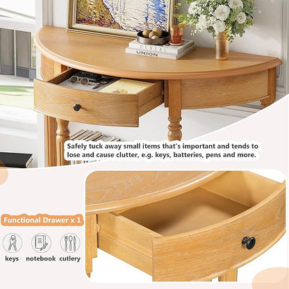 Amposei Small Curved Console Table 39-Inch Retro Farmhouse Wood Entry Sofa Table with Drawer & Storage Shelf for Living Room Hallway Entryway Furniture, Natural
