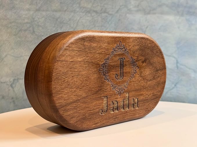 Personalized Women's Jewelry Box - Birth Flower, Wooden Handmade Walnut Organizer, Custom Engraved With Initial Letter and Name