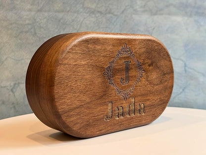 Personalized Women's Jewelry Box - Birth Flower, Wooden Handmade Walnut Organizer, Custom Engraved With Initial Letter and Name