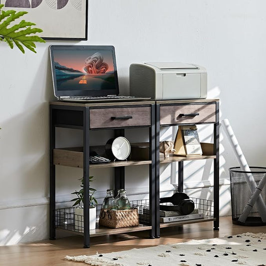 Lerliuo Grey Printer Stand with Fabric Drawer, 3 Tier Industrial Side Table, Modern Small Printer Desk Holder with Storage Shelf,Multi-Functional Bedside Tables for Home Office Fax Machine Scanner