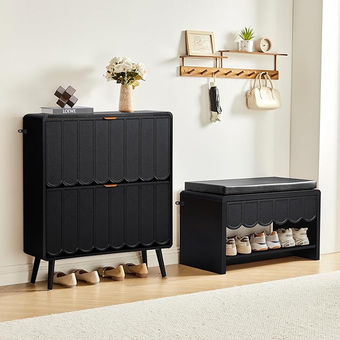 Shoe Storage Cabinet for Entryway with 2 Flip Drawers, Freestanding Narrow Wood Shoe Cabinet with Wave Panel, Hidden Shoe Organizer for Foyer, Hallway (Black)