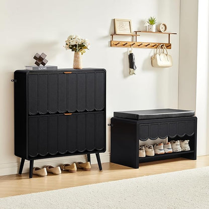 Shoe Storage Cabinet for Entryway with 2 Flip Drawers, Freestanding Narrow Wood Shoe Cabinet with Wave Panel, Hidden Shoe Organizer for Foyer, Hallway (Black)