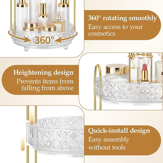 360 Rotating Makeup Organizer for Vanity, 3 Tier Adjustable Perfume Organizer for Dresser, Multi-Function Spinning Cosmetics Skincare Storage for Bedroom, Dresser, Countertop, Clear