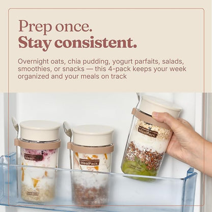 Overnight Oats Containers with Lids and Spoons – 17oz Glass Jars for Yogurt, Chia Pudding & Meal Prep – Leakproof Airtight Mason Jar Set – Portable Breakfast Food Storage with Cleaning Brush