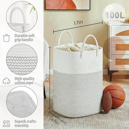 Laundry Basket,Woven Cotton Rope Laundry Hamper,Versatile Storage for Dirty Clothes,Baby Toys,and Blankets in Bathroom, Nursery,and Living Room (White, 100L)