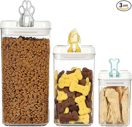 Felli Flip Tite Pet Food Container with Airtight Lids, BPA FREE Acrylic Canister with Paw Bone Fish Flip Top Handles for Cat Dog Kibble Treats Storage, Keep Fresh (Pet Collection Nest-L 3pk)