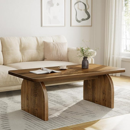 Rustic Coffee Table for Living Room - Farmhouse Oak Wood Rectangle Coffee Table, Solid Real Wooden Brown Center Table Organic Modern