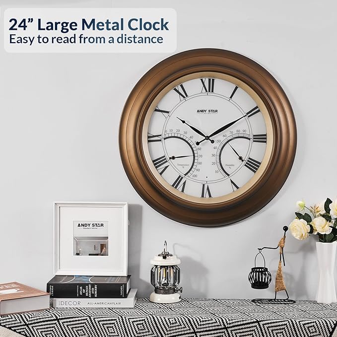 ANDY STAR 24 Inch Outdoor Clocks Waterproof,Large Outdoor Wall Clocks for Patio with Thermometer Combo, Silent Weatherproof Illuminated Metal Clock Battery Operated with Thermometer&Hygrometer, Bronze