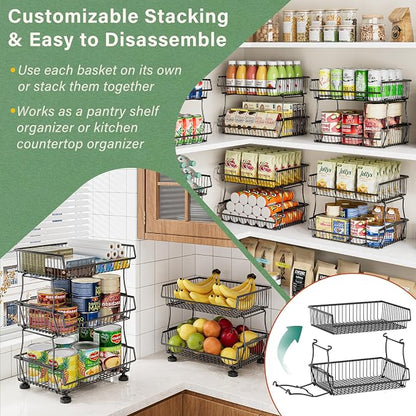 OKZEST Pantry Organizers and Storage Cart with Upgraded Metal Hub Casters | Fits under pantry shelf, stackable fine-mesh wire baskets, 3-tier rolling cart holds drink, snack, can, potato, onion, fruit