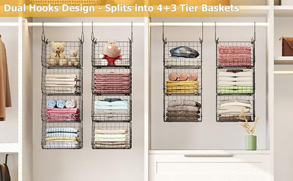 X-cosrack 7 Tier Foldable Hanging Closet Organizer and Storage,Wire Closet Shelving with 4 Large Hooks+ 5 S Hooks,Hanging Basket for Clothes Sweaters Shoes Handbags,Small Closet Organizers