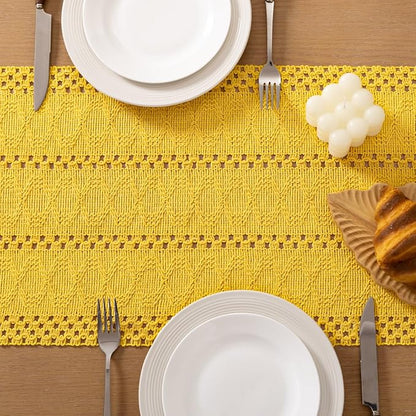 Socomi Boho Table Runner Valentine's Day Farmhouse Rustic Dining Kitchen Centerpiece Decor Small Macrame Woven Cotton Linen Coffee Table Runner for Dresser Scarf Home Decor 12x48 in Yellow Gold