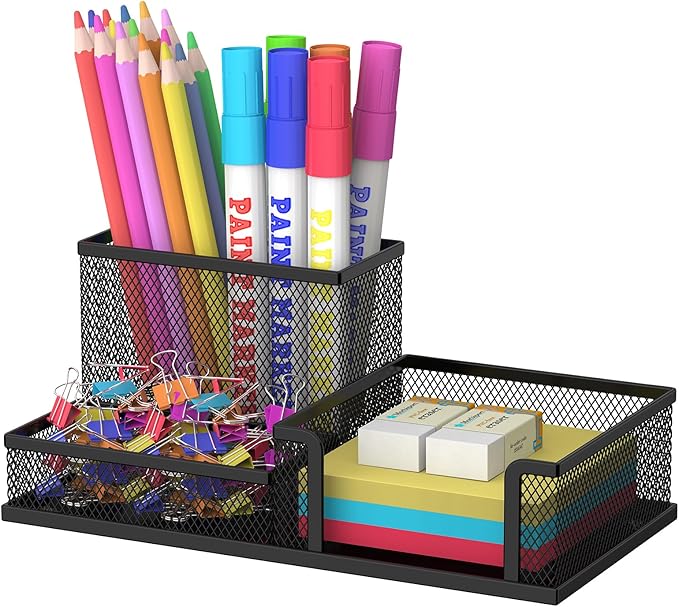 SUPEASY Pen Holder Desk Organizer, Office Supplies Pencil Holder with 3 Compartments, Desk Accessories and Workspace Organizers for Home School, Black