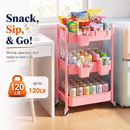 3 Tier Rolling Cart Metal with Lockable Wheels, Pink Three Tiered Diaper Caddy Cart Organizer on Wheels, Storage Utility Trolley Carts for Craft, Art, Nail, Lash, Baby Supplies, Cleaning, Mesh
